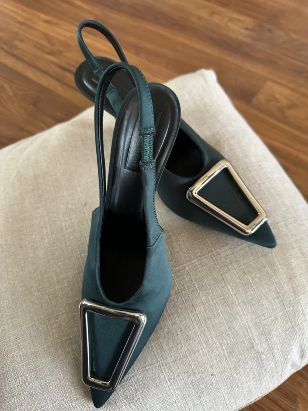 Satin Teal Slingback Pointed Toe Heels with Silver Buckle - Picture 5 of 6